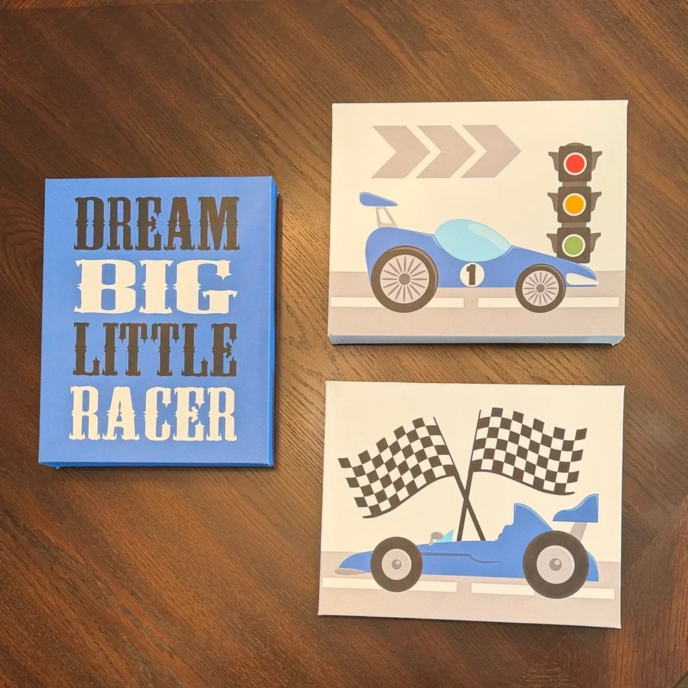 Set of 3 Race Car Wall Art 8x10 Boys Room Nursery Decor Blue Racing